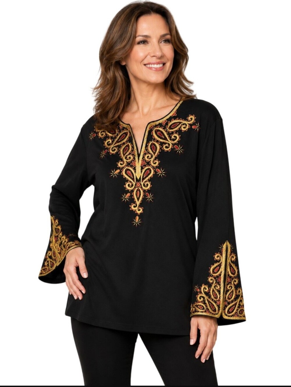 Bob Mackie Vintage Art To Wear Black Embroidered V Neck Tunic Top Size XL